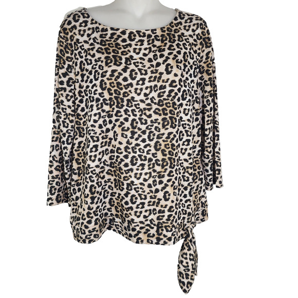Chico's Womens Top Leopard Print Side Tie Round Neck Knit Size 2 US Large 3/4 Sl - Picture 1 of 11